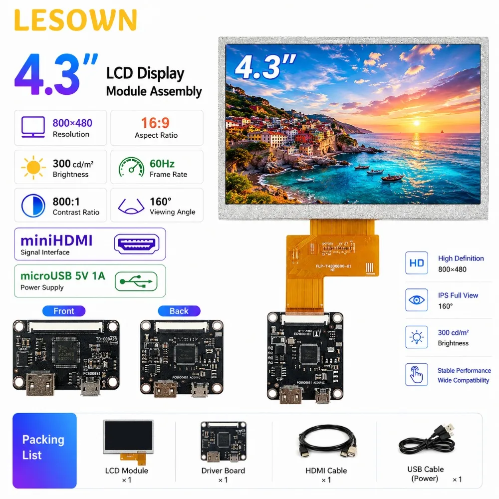 LESOWN 4.3 inch 16:9 Screen Unit Auto-Sync 60Hz Panel de Monitor with MicroUSB Power for DIY Project
LESOWN 4.3 inch 16:9 Screen Unit Auto-Sync 60Hz Panel de Monitor with MicroUSB Power for DIY Project