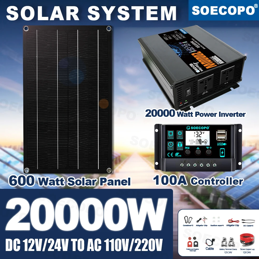 SOECOPO 20000W Peak Solar System Kit 600W Panel 100A Controller Stable Output Inverter Generator for Camping boat Light Climbing
SOECOPO 20000W Peak Solar System Kit 600W Panel 100A Controller Stable Output Inverter Generator for Camping boat Light Climbing