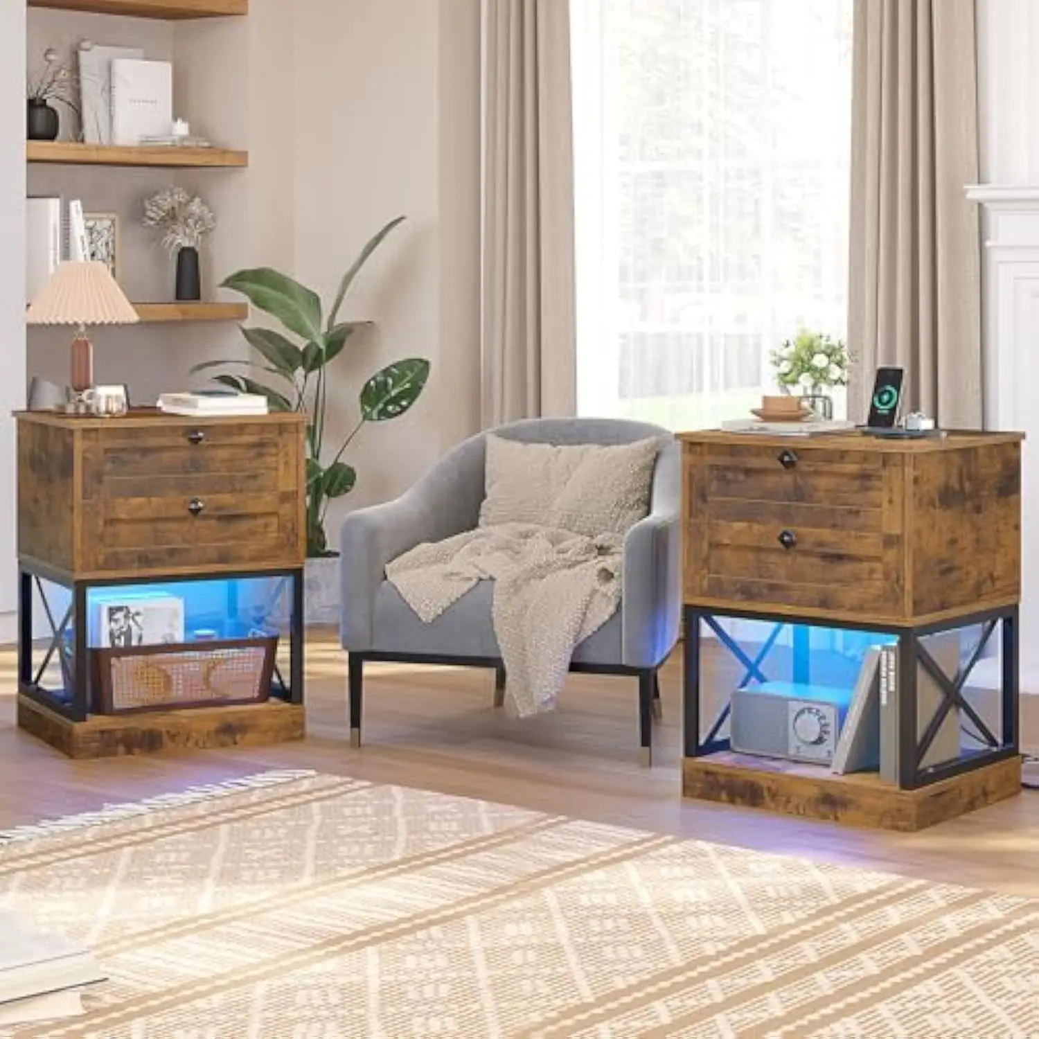 Rustic Nightstand Set of 2 with Charging Station and LED Lights, Brown Night Stand Set 2 with Charger Station, 2 Storage Drawe
Rustic Nightstand Set of 2 with Charging Station and LED Lights, Brown Night Stand Set 2 with Charger Station, 2 Storage Drawe