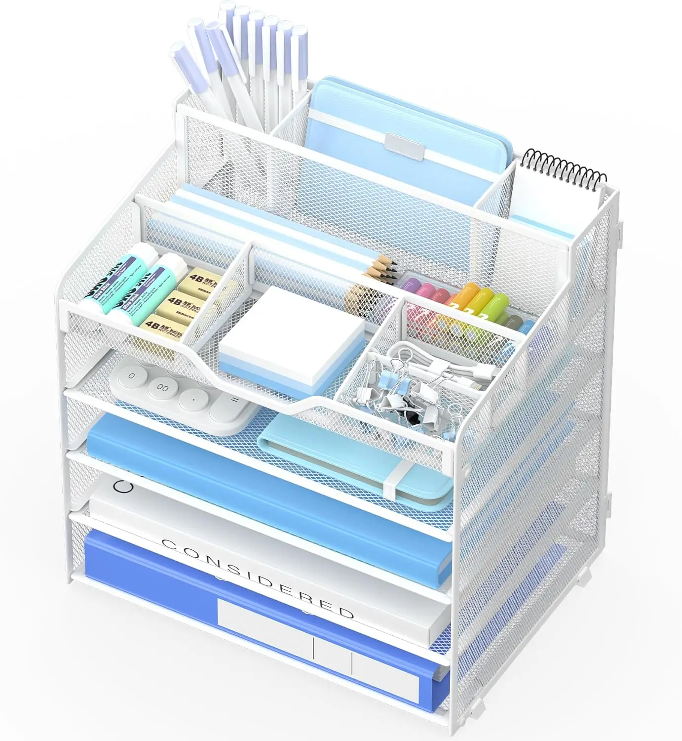 5 Tier Mesh Desk Organizer with Pen Holders, Adjustable Storage for Office Supplies, Space Saving Desktop Organizer - White
5 Tier Mesh Desk Organizer with Pen Holders, Adjustable Storage for Office Supplies, Space Saving Desktop Organizer - White