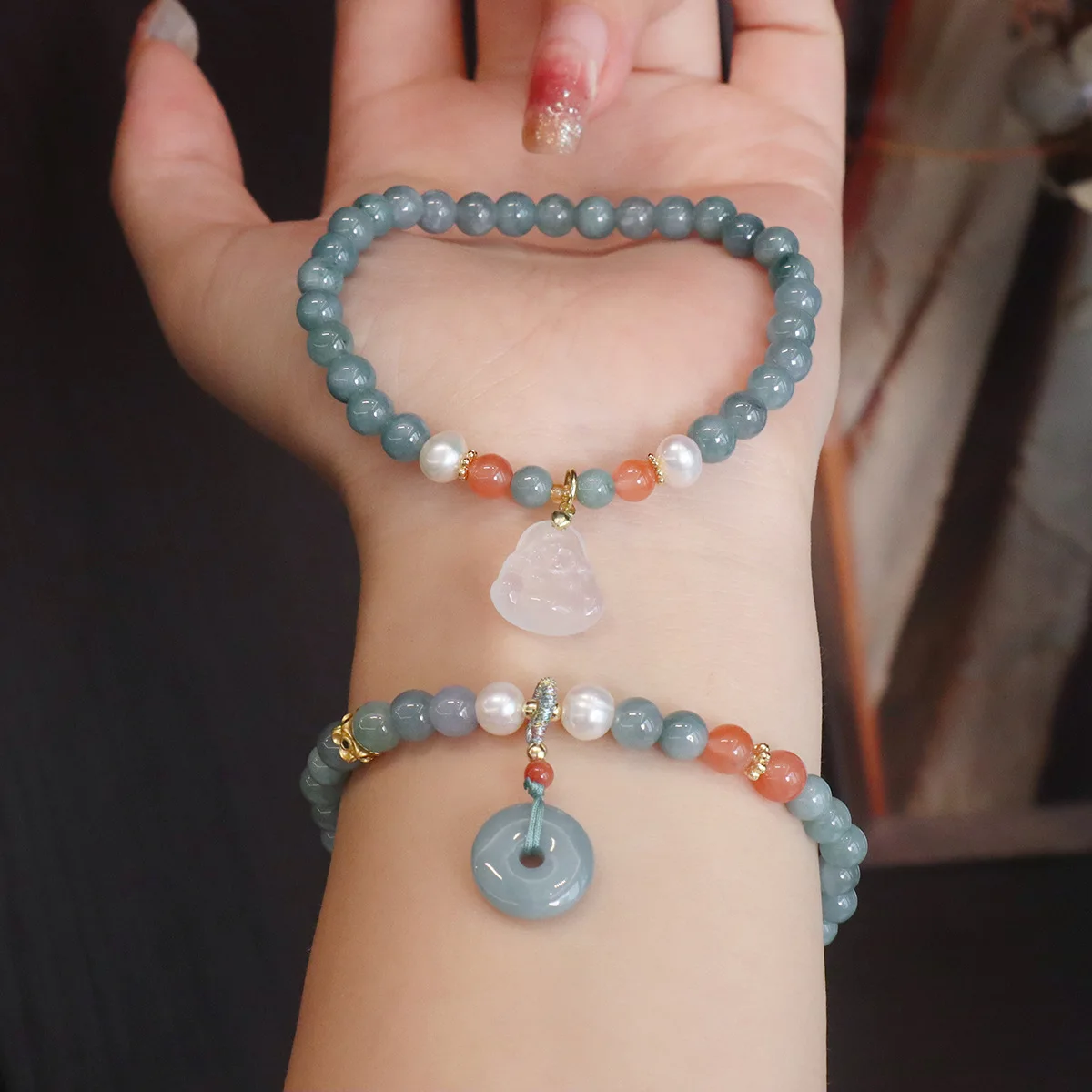 Ruifan Natural Blue Water Jade Bead Bracelets with Lucky Pendant/Chalcedony Buddha Charm Stretch Thin Bangle for Women 1577
Ruifan Natural Blue Water Jade Bead Bracelets with Lucky Pendant/Chalcedony Buddha Charm Stretch Thin Bangle for Women 1577