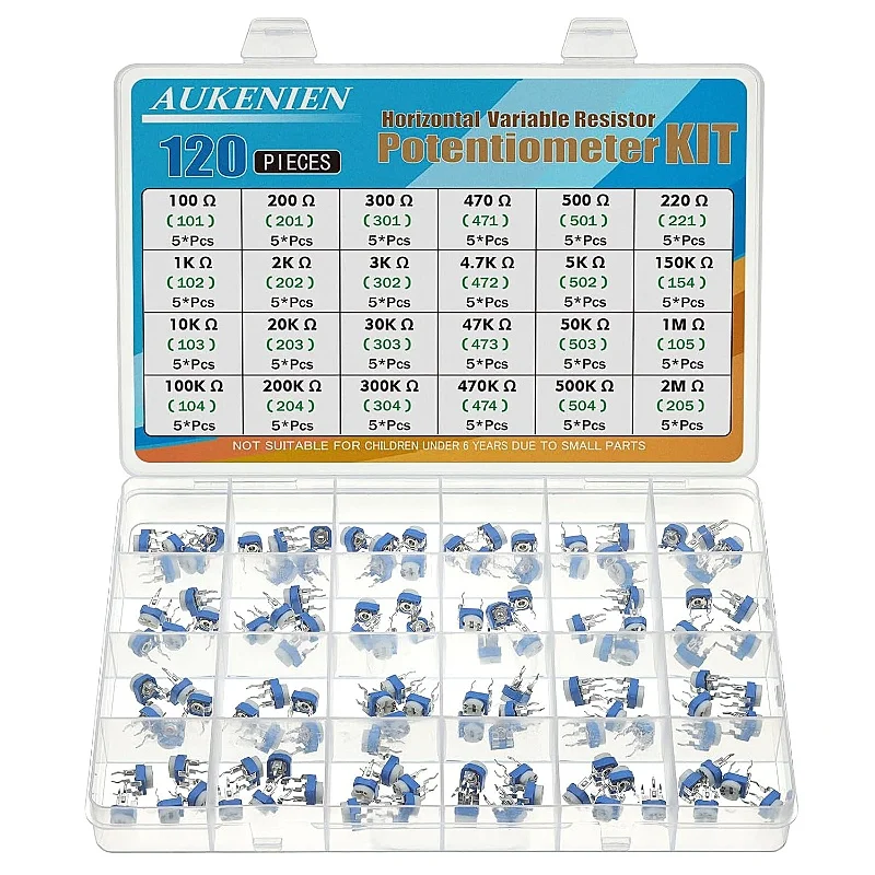 AUKENIEN 24 Values 120PCS 100 Ohm to 2M Ohm Potentiometer Variable Resistance Assortment Blue and White Horizontal Resistors Set
AUKENIEN 24 Values 120PCS 100 Ohm to 2M Ohm Potentiometer Variable Resistance Assortment Blue and White Horizontal Resistors Set