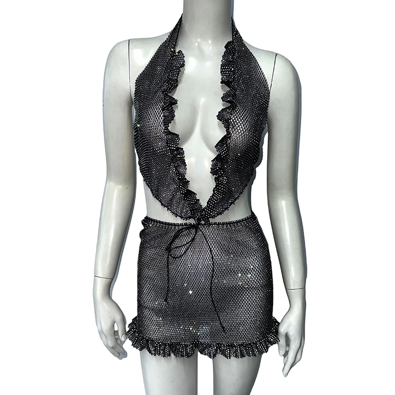 Sexy See Through Mesh Shiny Rhinestone Halter Neck Dress Rave Festival Party Dress Fashion Ruffle Backless Mini Dress For Women
Sexy See Through Mesh Shiny Rhinestone Halter Neck Dress Rave Festival Party Dress Fashion Ruffle Backless Mini Dress For Women