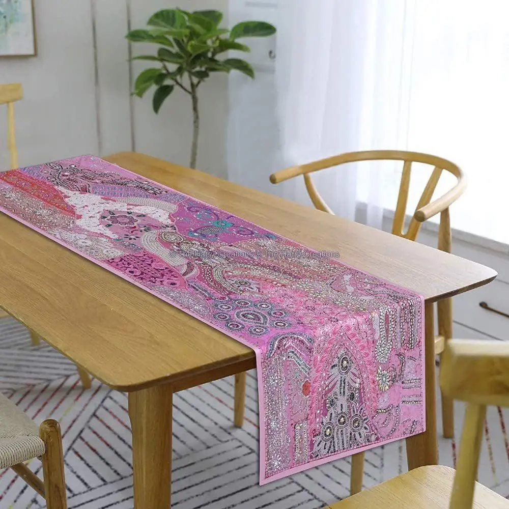 Handcrafted Cotton Embroidered Indian Table Runner with Beads, Pink, 40x60 inches
Handcrafted Cotton Embroidered Indian Table Runner with Beads, Pink, 40x60 inches