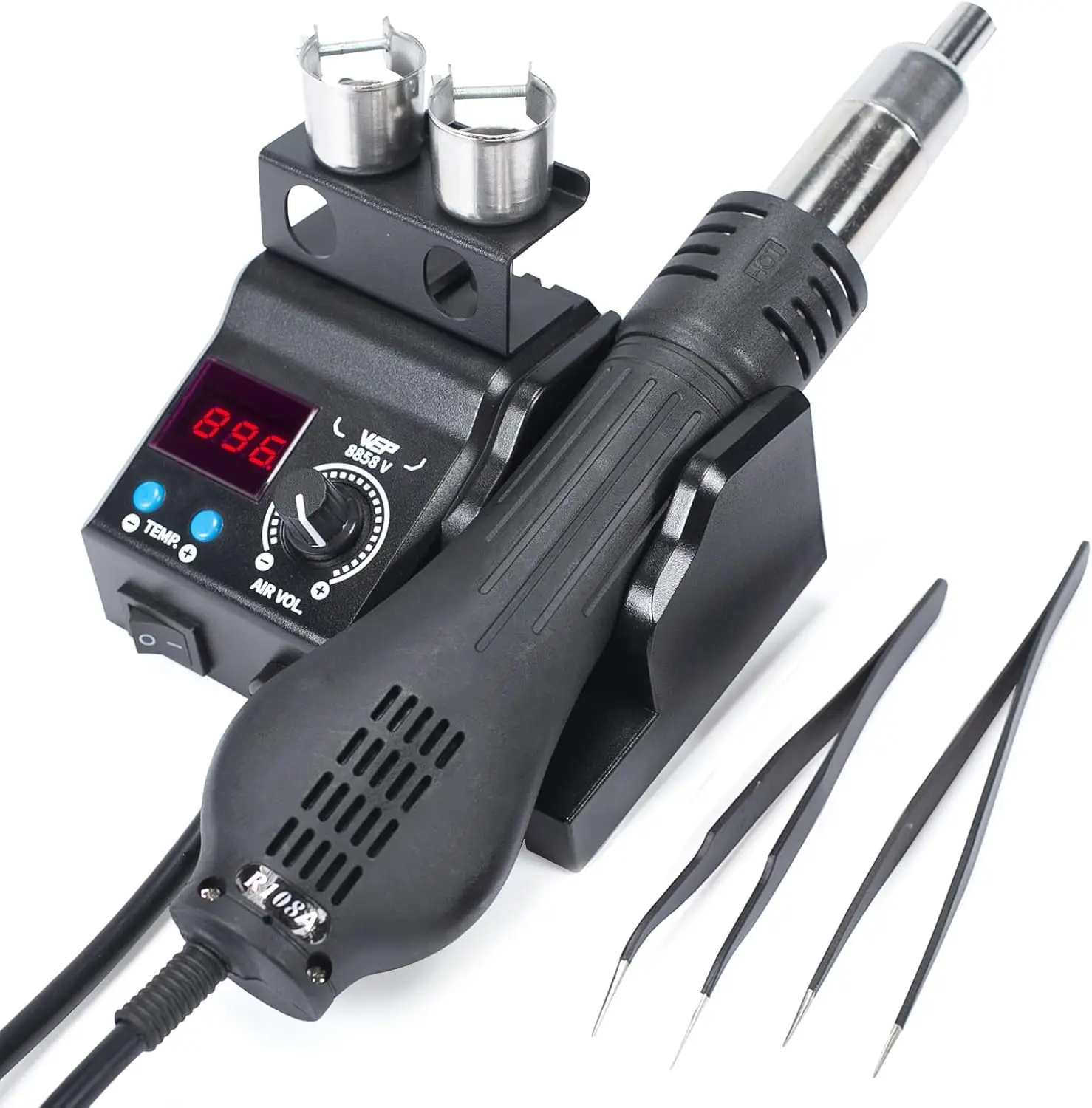 Hot Air Rework Station Kit with Adjustable Temperature, 3 Nozzles, 2 Tweezers, Compact Design, PID Control, °C/°F Switch