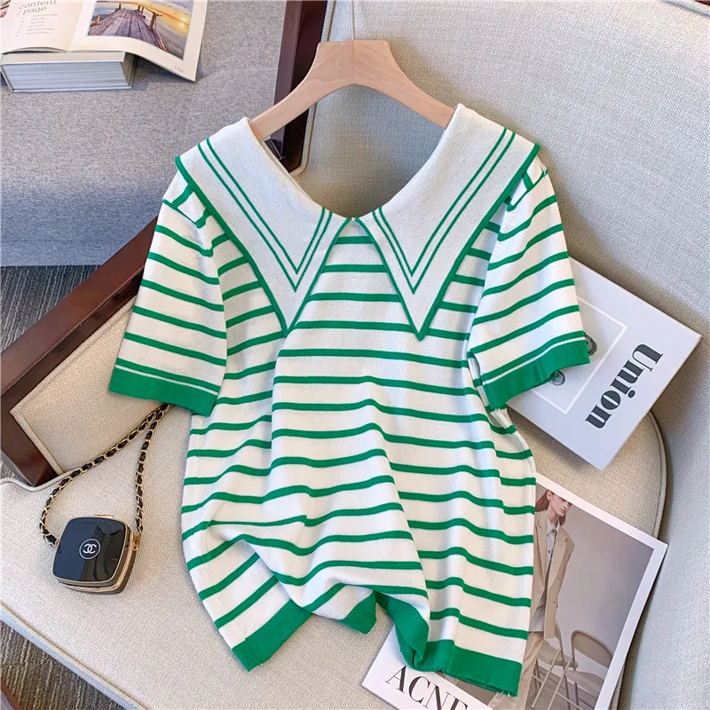 Oversized Stripe Short-sleeved T-shirt Sweater Women's 2025 Spring Summer Fashionable Basic Sweater Loose Lady Tops Black
Oversized Stripe Short-sleeved T-shirt Sweater Women's 2025 Spring Summer Fashionable Basic Sweater Loose Lady Tops Black