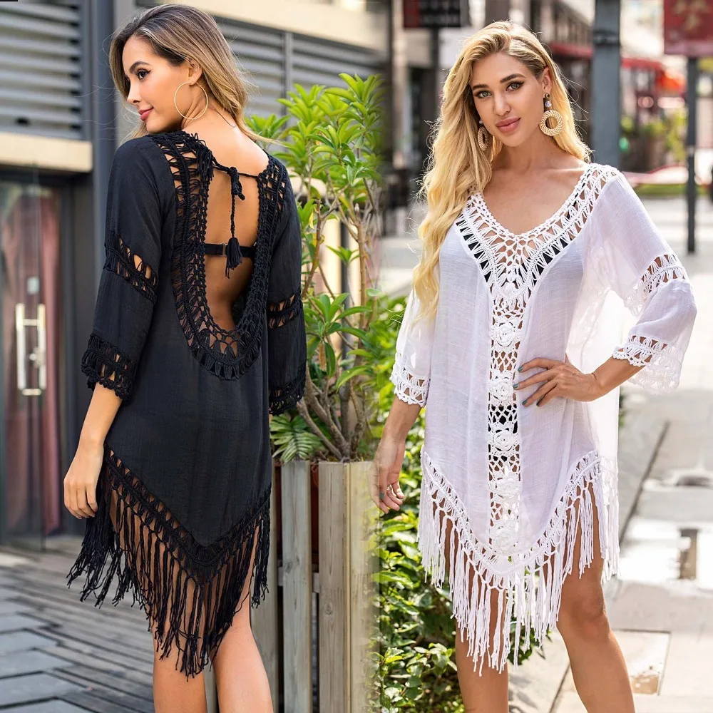 Women Deep V‑Neck Backless Crochet Beach Cover Up 3/4 Sleeve Hollow Out Tassel Fringe Bikini Cover Dress
Women Deep V‑Neck Backless Crochet Beach Cover Up 3/4 Sleeve Hollow Out Tassel Fringe Bikini Cover Dress