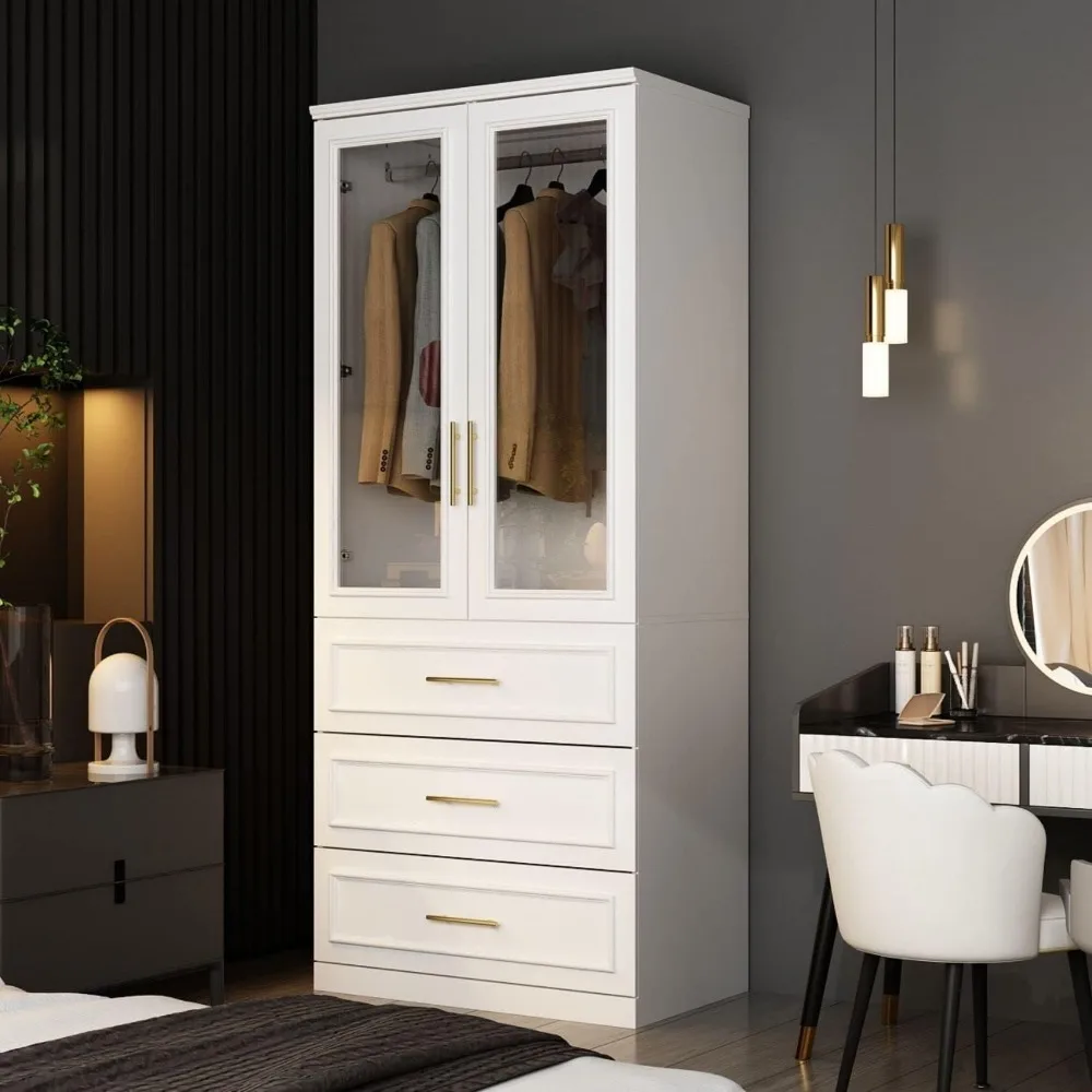 Cloth Wardrobe ,with 2 Glass Doors & 3 Drawers, Hanging Rod, Gold Metal Handles, Bedroom Closet White, Cloth Wardrobe
Cloth Wardrobe ,with 2 Glass Doors & 3 Drawers, Hanging Rod, Gold Metal Handles, Bedroom Closet White, Cloth Wardrobe