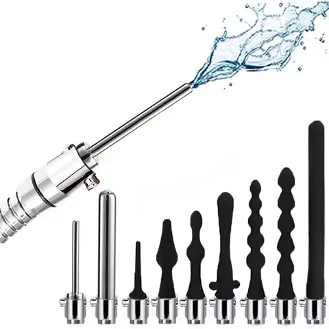 Douche Clistere Vagina Pulizia anale Interruttore attacco rubinetto Silicone Clistere Siringa Doccia Butt Plug in metallo Punta ugello Massaggiatore gay