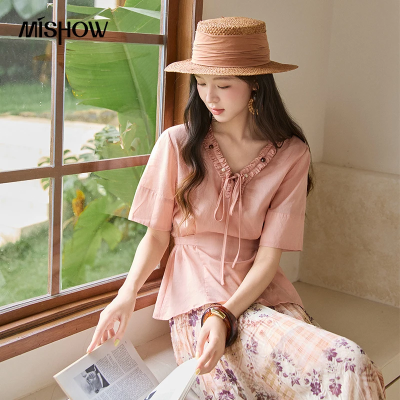 MISHOW Women's Ramie V Neck Blouse 2026 Summer French Ruffle Tie Front Blouses Solid Short Sleeve Waist Belt Slim Top MXF20X2738
MISHOW Women's Ramie V Neck Blouse 2026 Summer French Ruffle Tie Front Blouses Solid Short Sleeve Waist Belt Slim Top MXF20X2738