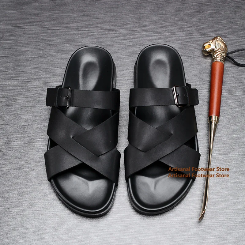 Black Crisscross Strap Adjustable Buckle Leather Slide Sandals Men's Slip-On Open Toe Slides Trendy Handmade Men's Shoes
Black Crisscross Strap Adjustable Buckle Leather Slide Sandals Men's Slip-On Open Toe Slides Trendy Handmade Men's Shoes