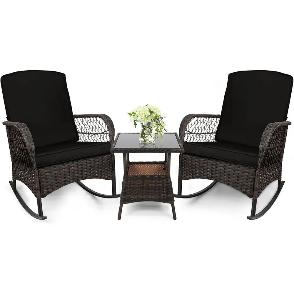 3-Piece Outdoor Rocking Bistro Set with PE Wicker Chairs and Glass Table for Patio, Lawn, or Deck (Black)
3-Piece Outdoor Rocking Bistro Set with PE Wicker Chairs and Glass Table for Patio, Lawn, or Deck (Black)