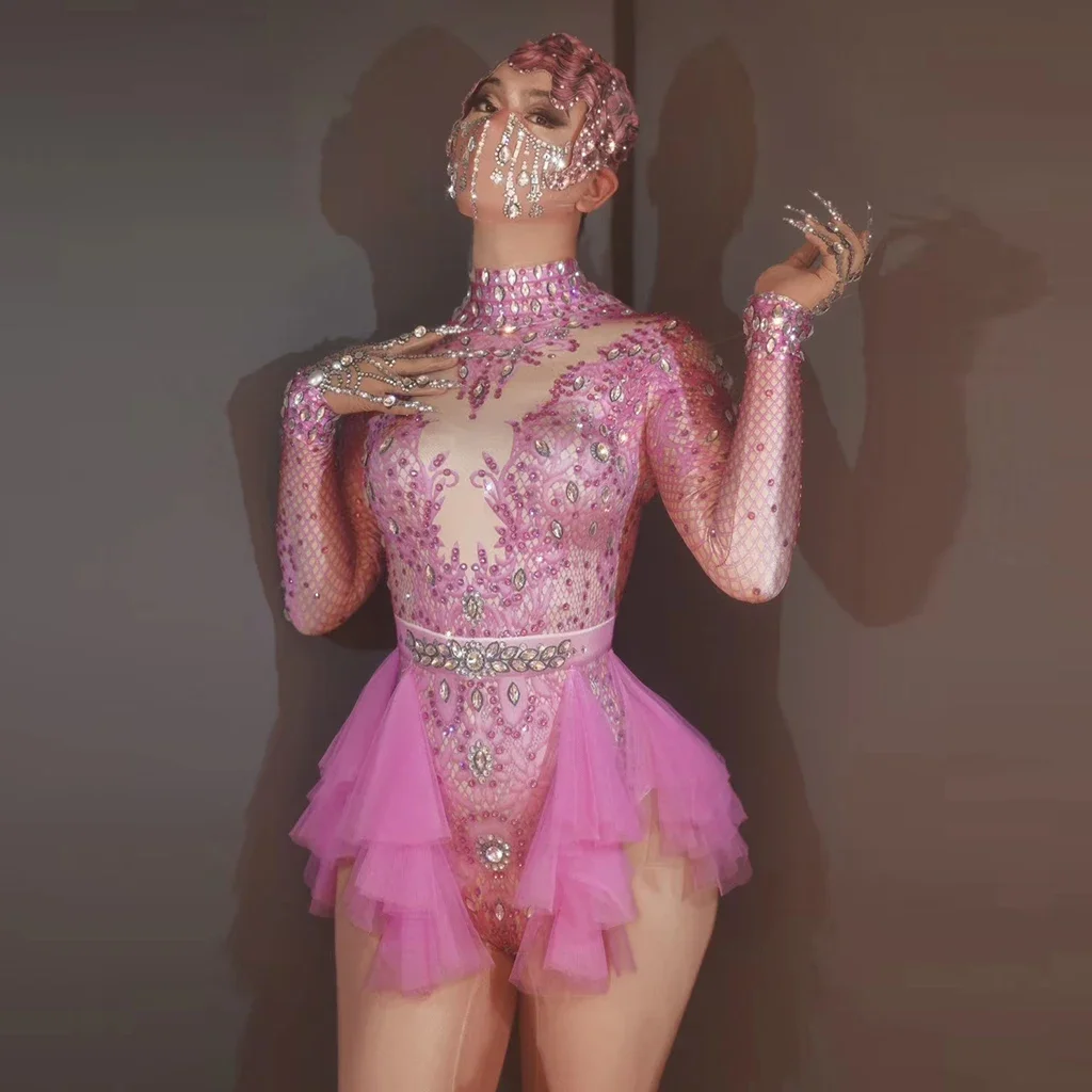 Fashion Pink Rhinestone Party Bodysuit Women Elastic Tights Mesh Ruffles Crystal Bodysuit Nightclub Dancer Leotard Stage Outfits
Fashion Pink Rhinestone Party Bodysuit Women Elastic Tights Mesh Ruffles Crystal Bodysuit Nightclub Dancer Leotard Stage Outfits