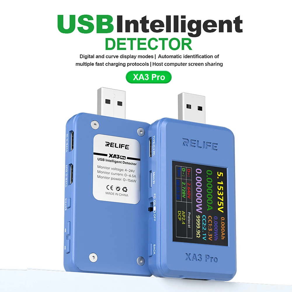XA3 Pro 1.77-inch Color Screen USB Tester Voltage Current Power Meter DC 4-24V 0-6.5A Fast Charging Protocol Detector
XA3 Pro 1.77-inch Color Screen USB Tester Voltage Current Power Meter DC 4-24V 0-6.5A Fast Charging Protocol Detector