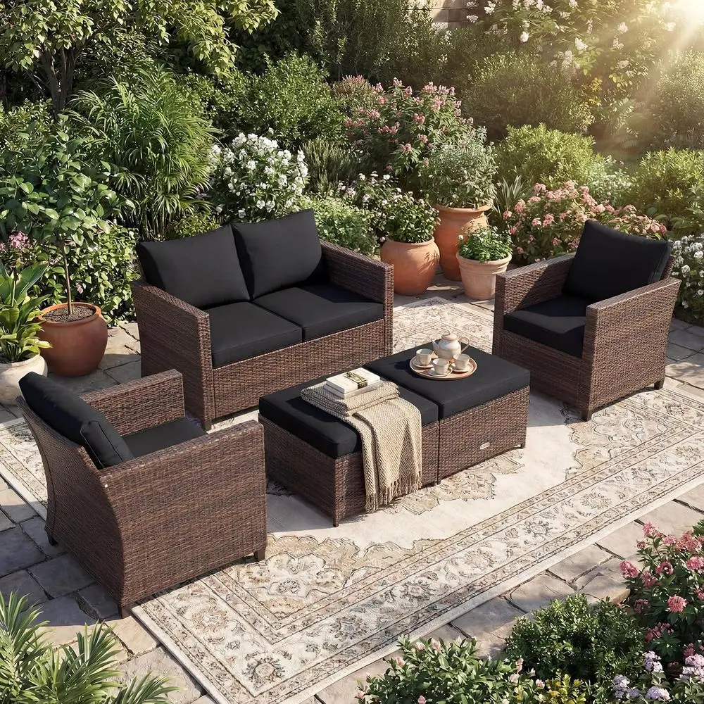 5-Piece Rattan Outdoor Sectional Sofa Set with Loveseat, 2 Chairs, 2 Ottomans, and Cushions, Ideal for Patio, Garden, Poolside (
5-Piece Rattan Outdoor Sectional Sofa Set with Loveseat, 2 Chairs, 2 Ottomans, and Cushions, Ideal for Patio, Garden, Poolside (