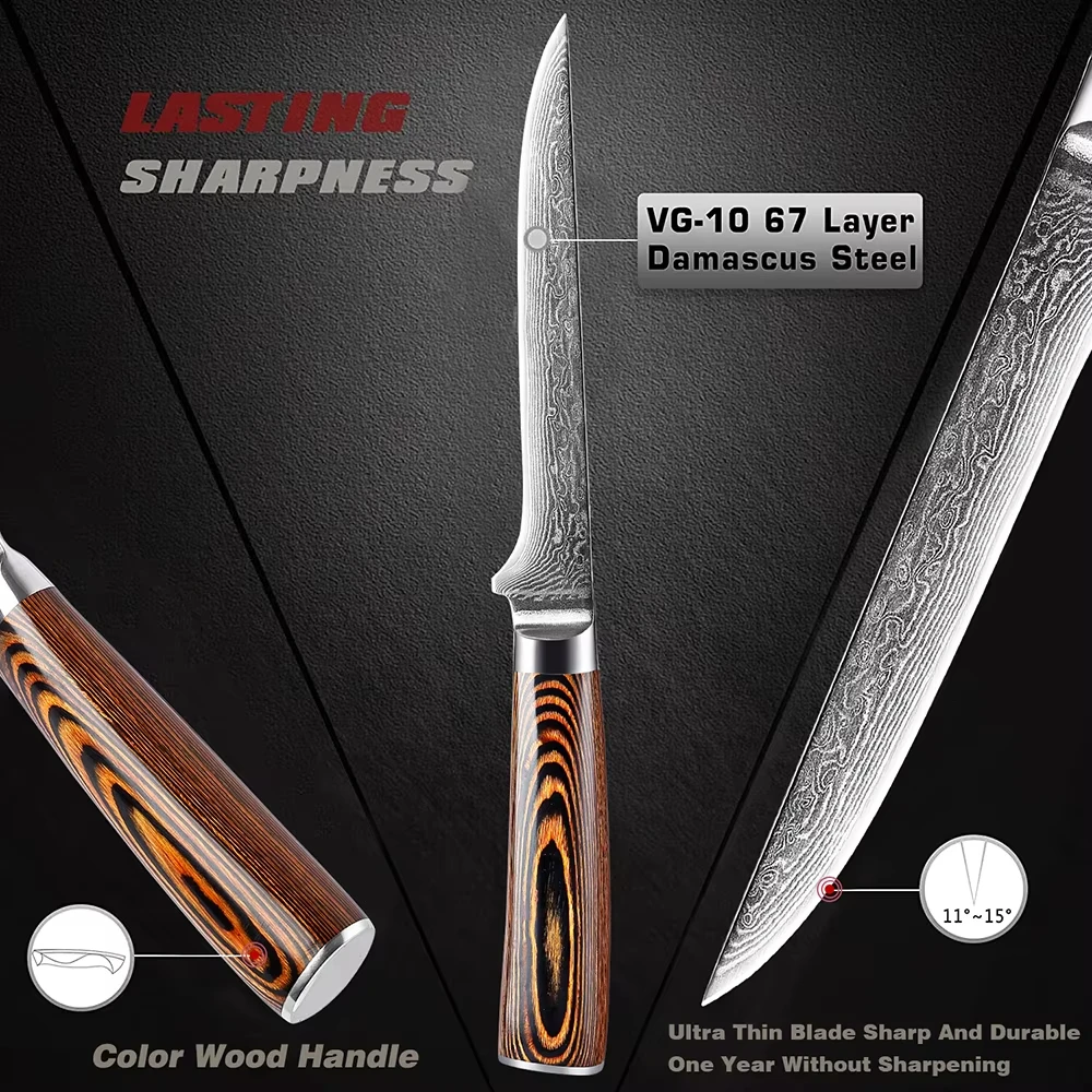 Professional Japanese Damascus Steel Boning Knife Flexible Filleting Knife for Meat Fish and Poultry Kitchen Chef's Cutting Tool
Professional Japanese Damascus Steel Boning Knife Flexible Filleting Knife for Meat Fish and Poultry Kitchen Chef's Cutting Tool