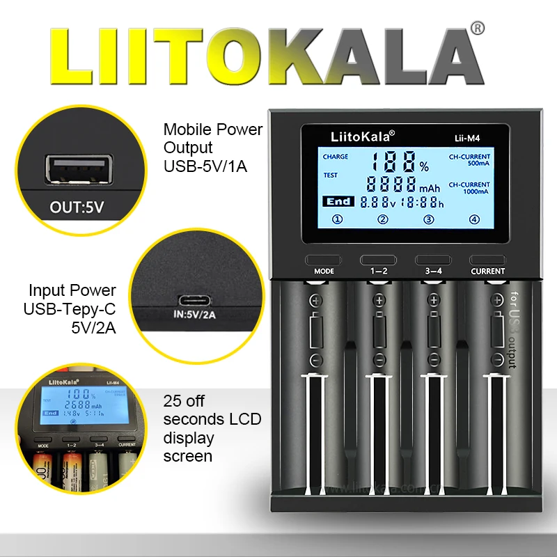 LiitoKala for 18650/26650/AA/AAA Li-ion/Ni-MH LCD Display Safe Fast Charging Lii-M4/M4S 4-Slot Smart Charger
LiitoKala for 18650/26650/AA/AAA Li-ion/Ni-MH LCD Display Safe Fast Charging Lii-M4/M4S 4-Slot Smart Charger
