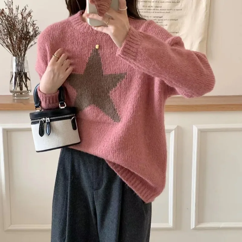 2025 женский зимний вязаный свитер со звездной вышивкой, женский пуловер с круглым вырезом и длинными рукавами, осенний женский повседневный свободный теплый джемпер 
2025 женский зимний вязаный свитер со звездной вышивкой, женский пуловер с круглым вырезом и длинными рукавами, осенний женский повседневный свободный теплый джемпер