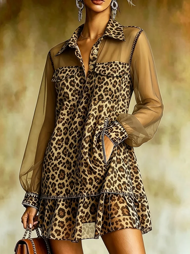 Leopard Print Women Mini Dress Elegant Turndown Collar See-Through Long Sleeve Party Dress Pocket Straight Chic Dress Vestidos
Leopard Print Women Mini Dress Elegant Turndown Collar See-Through Long Sleeve Party Dress Pocket Straight Chic Dress Vestidos
