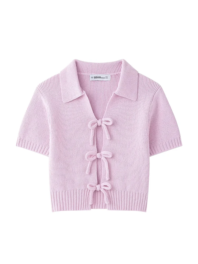 KUCLUT Women Fashion Pink Bow Lace Up Knitted Sweater Vintage Lapel Neck Short Sleeves Female Chic Lady Outfits
KUCLUT Women Fashion Pink Bow Lace Up Knitted Sweater Vintage Lapel Neck Short Sleeves Female Chic Lady Outfits
