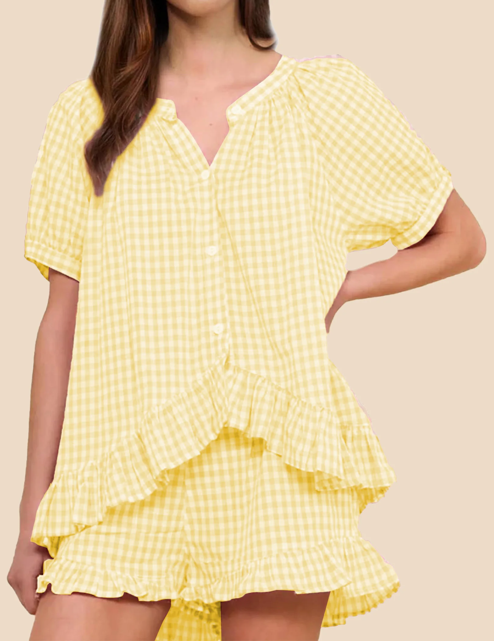 Женский комплект пижамы из 2 предметов с рюшами и клетчатым узором, с коротким рукавом, на пуговицах (желтый, размер XL)
Женский комплект пижамы из 2 предметов с рюшами и клетчатым узором, с коротким рукавом, на пуговицах (желтый, размер XL)