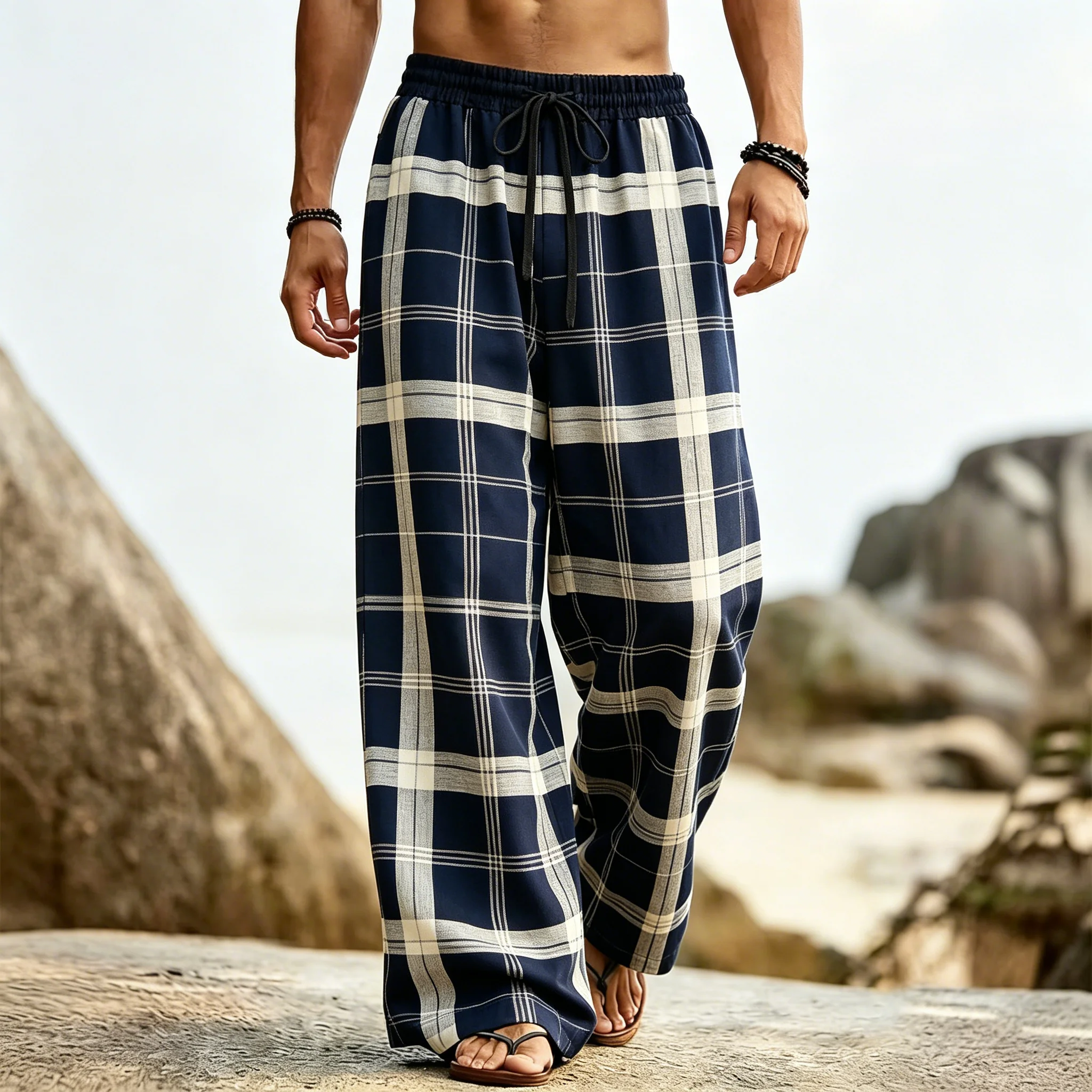 Men's Classic Navy Plaid Print Drawstring Wide Leg Pants, Loose Casual Trousers for Spring Summer Beach & Daily Wear
Men's Classic Navy Plaid Print Drawstring Wide Leg Pants, Loose Casual Trousers for Spring Summer Beach & Daily Wear
