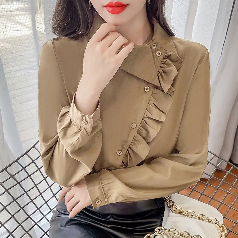 Shirt trendy ruffled slanted button long sleeve shirt women's design niche versatile top
Shirt trendy ruffled slanted button long sleeve shirt women's design niche versatile top