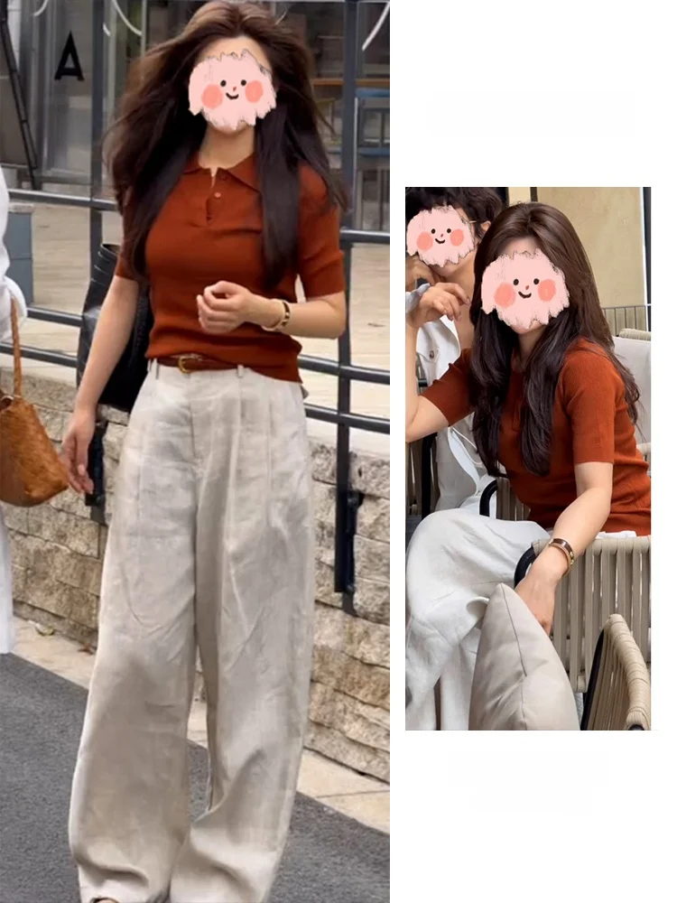 Casual Loose Wide Leg Pants Set Women's Summer New Style Vintage Turn Collar Short Sleeve T-Shirt Two Piece Set Fashionable
Casual Loose Wide Leg Pants Set Women's Summer New Style Vintage Turn Collar Short Sleeve T-Shirt Two Piece Set Fashionable