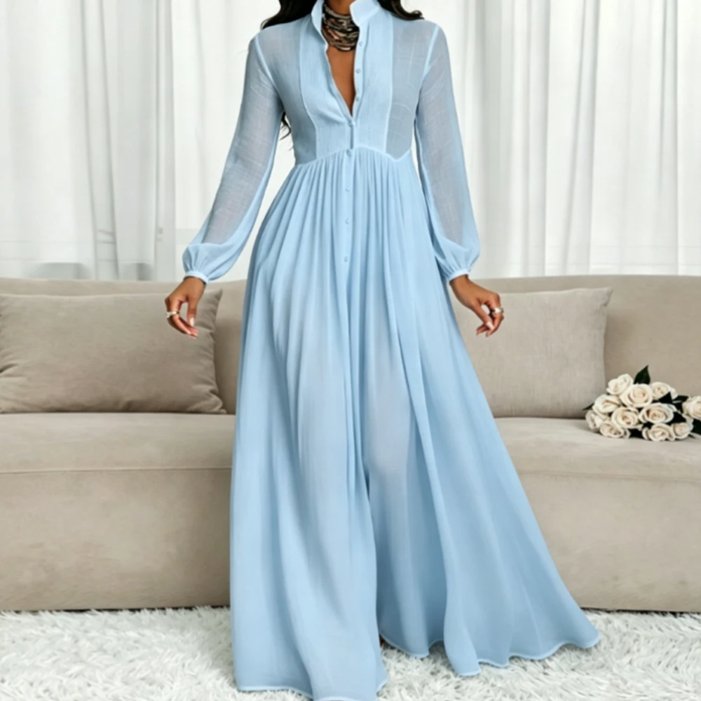 Women Stand Collar Button Front Long Sleeve Pleated Elegant Maxi Dress
Women Stand Collar Button Front Long Sleeve Pleated Elegant Maxi Dress