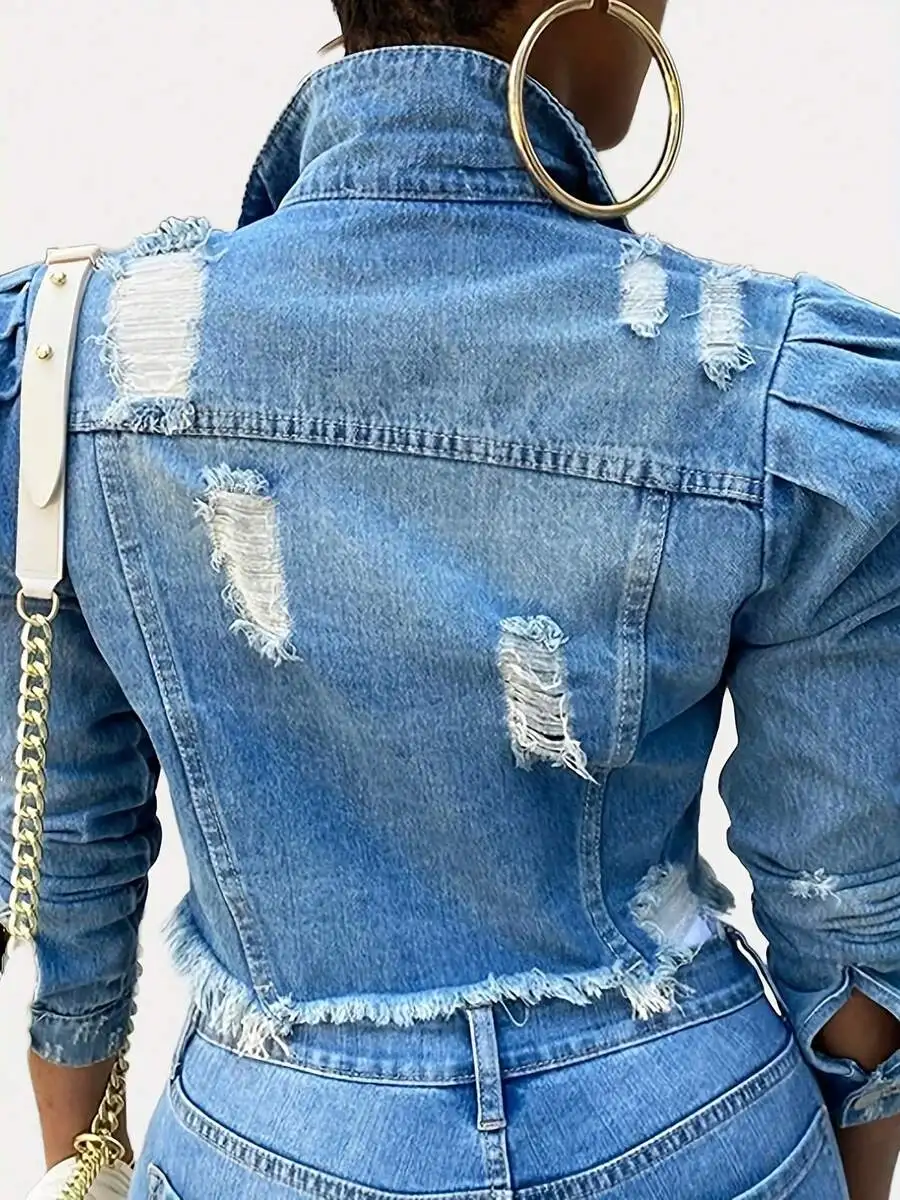 Women Ripped Puff Sleeve Denim Jacket Button Down Casual Short Coat Spring Fall
Women Ripped Puff Sleeve Denim Jacket Button Down Casual Short Coat Spring Fall