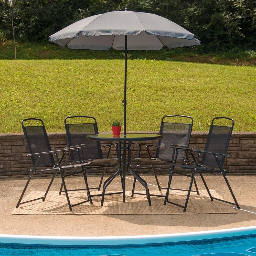 EMMA + OLIVER 6 Piece Black Patio Garden Set with Umbrella Table and Set of 4 Folding Chairs
EMMA + OLIVER 6 Piece Black Patio Garden Set with Umbrella Table and Set of 4 Folding Chairs