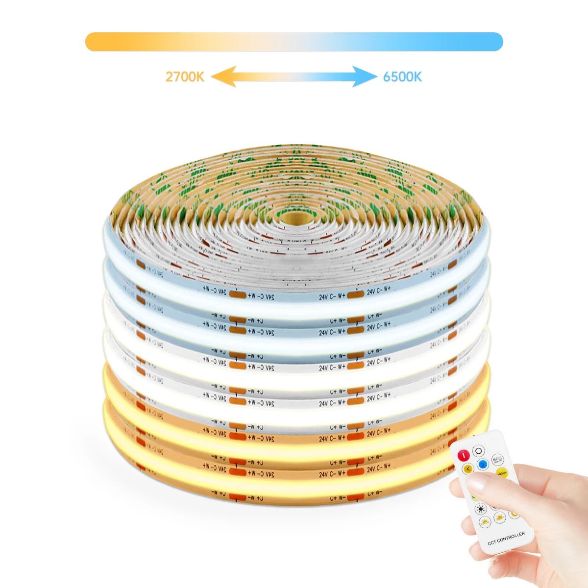 Double Colors 2700K To 6500K Changeable CCT COB LED Strip Light 24V Wireless Remote Control Dimmable FOB LED Tape For Room Decor
Double Colors 2700K To 6500K Changeable CCT COB LED Strip Light 24V Wireless Remote Control Dimmable FOB LED Tape For Room Decor