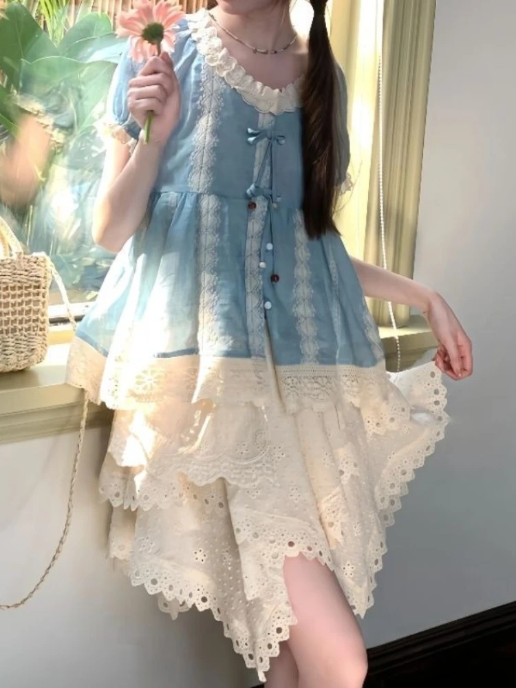 French Sweet Matching Sets O Neck Puff Sleeve Lace-up Shirts High Waist Irregular Hollow Out Skirts Summer Design Women Clothing
French Sweet Matching Sets O Neck Puff Sleeve Lace-up Shirts High Waist Irregular Hollow Out Skirts Summer Design Women Clothing