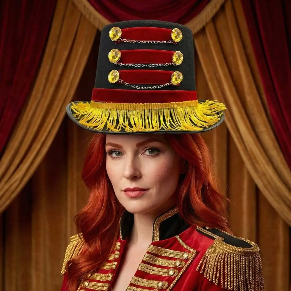 Tasseled Design Vintage Fascinator Hats Gold Chains Gold Fringe Black Circus Hat Vintage Style Gold Buttons Ringmaster Top Hat
Tasseled Design Vintage Fascinator Hats Gold Chains Gold Fringe Black Circus Hat Vintage Style Gold Buttons Ringmaster Top Hat