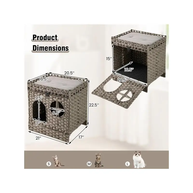 2-Tier Cat Condo with Litter Mat - Hidden Litter Box Enclosure, Removable Washable Cushion, Gray Rattan Design for Cats
2-Tier Cat Condo with Litter Mat - Hidden Litter Box Enclosure, Removable Washable Cushion, Gray Rattan Design for Cats