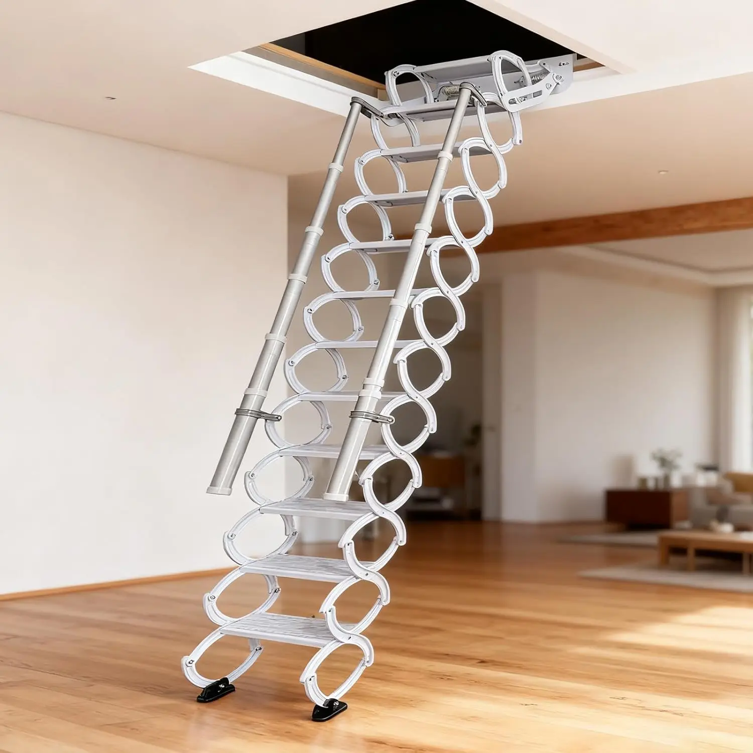 12 Stpes Wall-Mounted Folding Stairs, Telescopic Attic Ladder, Pull Down System Folding with Handrail, Applicable Height is 9.6-
12 Stpes Wall-Mounted Folding Stairs, Telescopic Attic Ladder, Pull Down System Folding with Handrail, Applicable Height is 9.6-