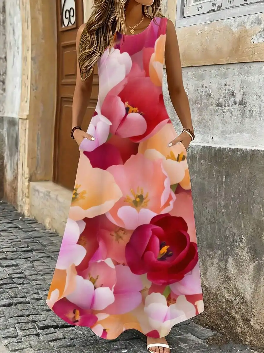 Floral Maxi Dress Pink Orange Flower Print Summer Beach Vacation Outfit Women Fashion Botanical Pattern
Floral Maxi Dress Pink Orange Flower Print Summer Beach Vacation Outfit Women Fashion Botanical Pattern