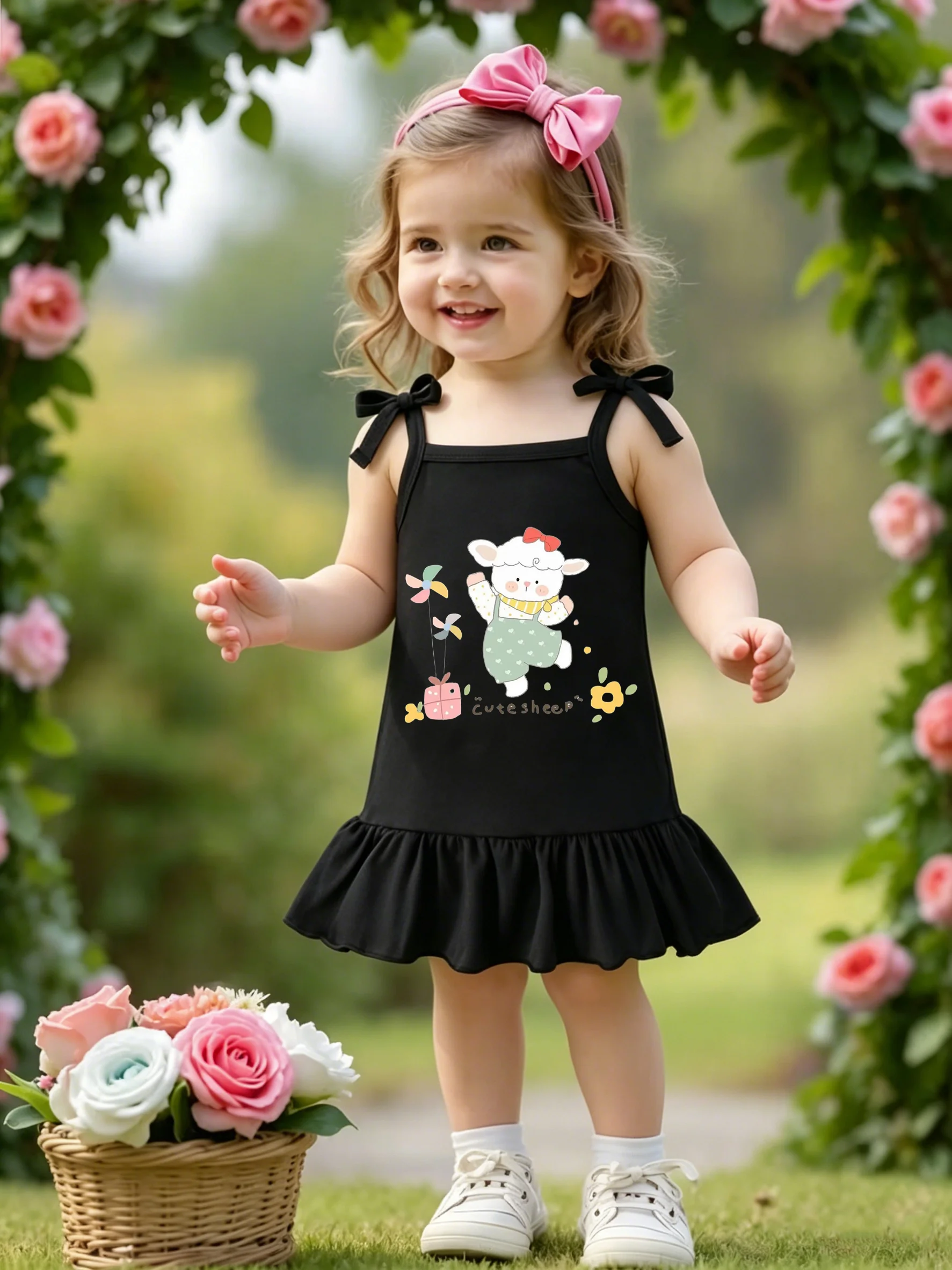 Cute Windmill Sheep Print Girls Cami Dress, Black Bow Shoulder Strap Ruffle Hem Playful Princess Dress
Cute Windmill Sheep Print Girls Cami Dress, Black Bow Shoulder Strap Ruffle Hem Playful Princess Dress
