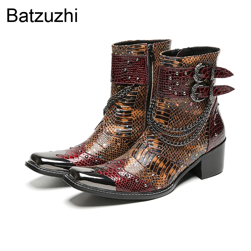 Batzuzhi 6.5cm Heel New Designer's Men's Boots Shoes with Iron Toe Brown Genuine Leather Ankle Boots for Man with Chains Buckles
Batzuzhi 6.5cm Heel New Designer's Men's Boots Shoes with Iron Toe Brown Genuine Leather Ankle Boots for Man with Chains Buckles