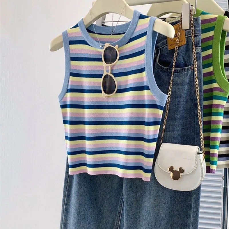 Women Clothing Summer Fashion Trend Striped Color Blocking O-neck Sleeveless Female Fashionable Lazy Wind Slim Knitting Tank Top
Women Clothing Summer Fashion Trend Striped Color Blocking O-neck Sleeveless Female Fashionable Lazy Wind Slim Knitting Tank Top