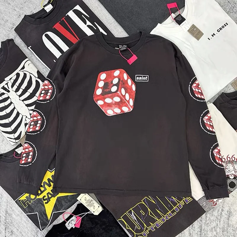 2025 Spring Autumn Dice Printing Saint Long Sleeve T-Shirts Men Women Vintage Washed Black Damaged Tops Inside Tags
2025 Spring Autumn Dice Printing Saint Long Sleeve T-Shirts Men Women Vintage Washed Black Damaged Tops Inside Tags