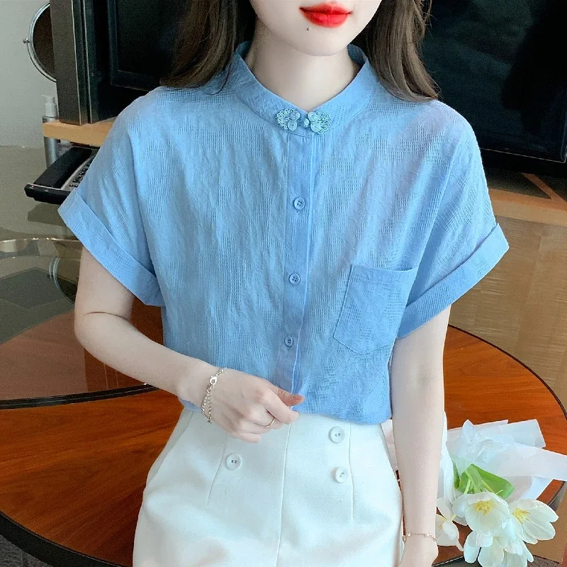 Women Chinese Style Frog Button Cotton Blouse Summer Rolled Short Sleeve Pocket Loose Shirt
Women Chinese Style Frog Button Cotton Blouse Summer Rolled Short Sleeve Pocket Loose Shirt