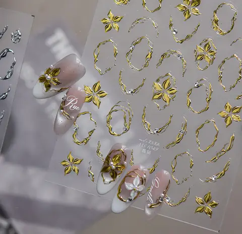 Lrregular Metal Hollow Crescent Nail Stickers Gold Silver Ring Shape Self-adhesive Nail Rhinestone Decoration Stickers Decal DIY
