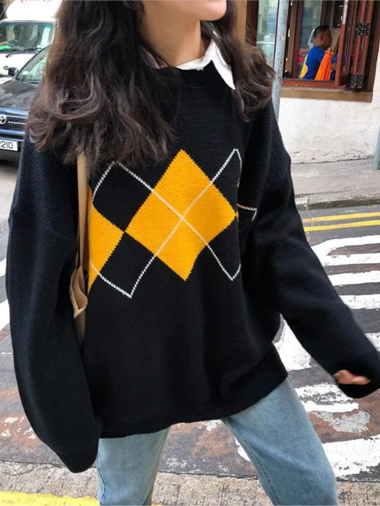 Fashionable Diamond Check Loose Slim Pullover Sweater Casual Sweater Jacket For Women Contrast All-match Loose Simple Style Chic
Fashionable Diamond Check Loose Slim Pullover Sweater Casual Sweater Jacket For Women Contrast All-match Loose Simple Style Chic