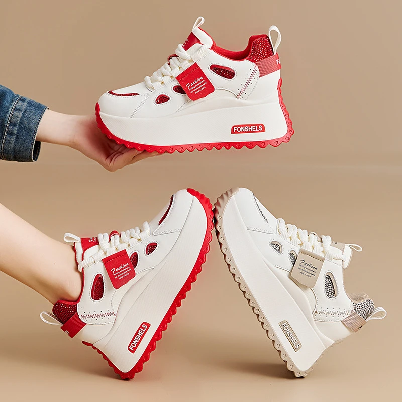 Womens White Red Platform Chunky Sneakers With Rhinestone Detail Hidden Heel Lift Casual Lace Up Shoes For Daily Street Style
Womens White Red Platform Chunky Sneakers With Rhinestone Detail Hidden Heel Lift Casual Lace Up Shoes For Daily Street Style