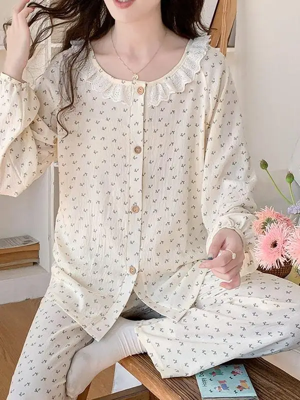 Sweet Lace Floral Pure Cotton Long Sleeve Women's Sleepwear Set Princess Style Home Clothes Outerwear Spring Autumn
Sweet Lace Floral Pure Cotton Long Sleeve Women's Sleepwear Set Princess Style Home Clothes Outerwear Spring Autumn