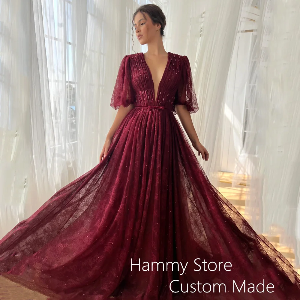 Burgundy Lace Evening Dress Short Sleeves V Neck Pearls Pleat A Line Sweep Train Robe De Soiree Customized Prom Gown for Party
Burgundy Lace Evening Dress Short Sleeves V Neck Pearls Pleat A Line Sweep Train Robe De Soiree Customized Prom Gown for Party