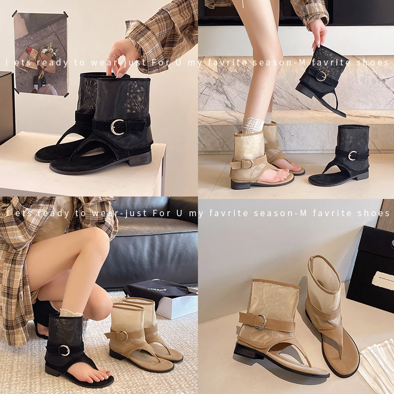 Women Western Style Mesh Ankle Boots Flip Flop Sandals with Metal Buckle, Casual Flat Thong Shoes for Summer Daily Wear
Women Western Style Mesh Ankle Boots Flip Flop Sandals with Metal Buckle, Casual Flat Thong Shoes for Summer Daily Wear