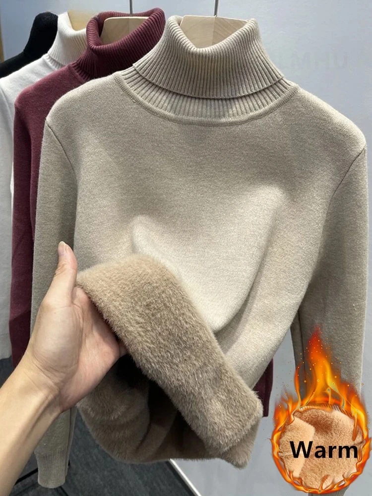 Женский корейский модный теплый вязаный пуловер на подкладке Sueter, утепленный бархатный свитер с воротником, тонкий топ, зимний трикотаж, джемпер 
Женский корейский модный теплый вязаный пуловер на подкладке Sueter, утепленный бархатный свитер с воротником, тонкий топ, зимний трикотаж, джемпер