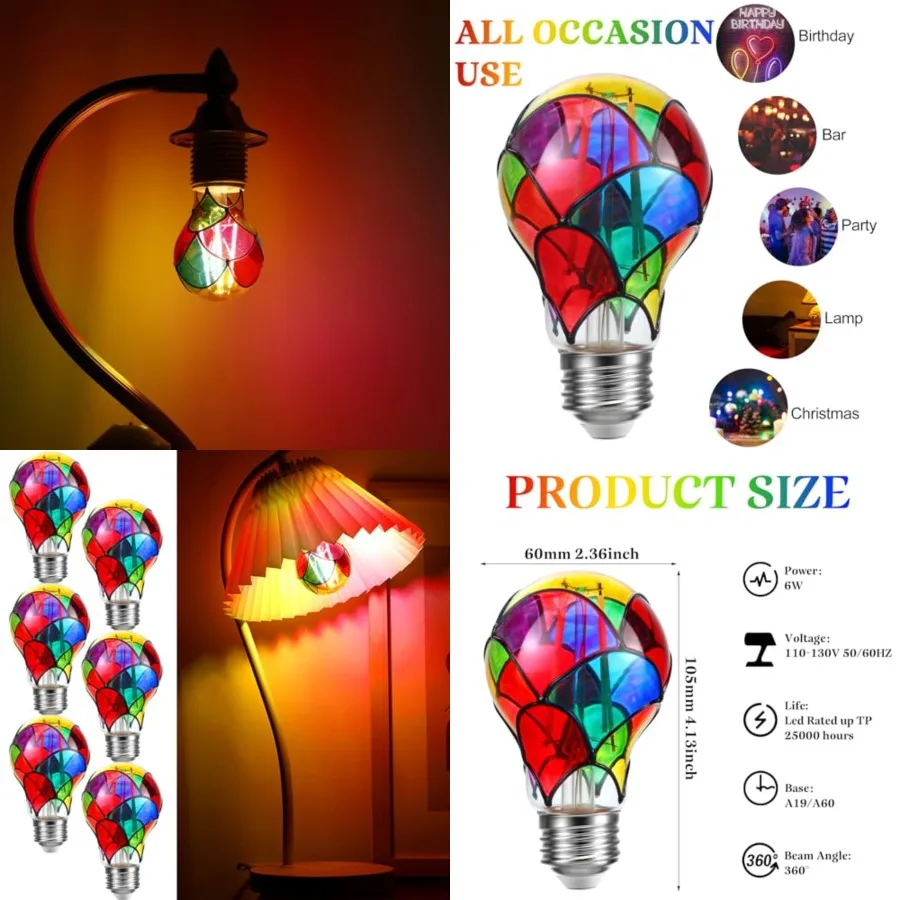6 Pcs Stained Glass Light Bulb E26 LED Multicolor Bulbs Vintage Rainbow Light 6w for Home Lighting Balcony Festive Atmosphere A
6 Pcs Stained Glass Light Bulb E26 LED Multicolor Bulbs Vintage Rainbow Light 6w for Home Lighting Balcony Festive Atmosphere A